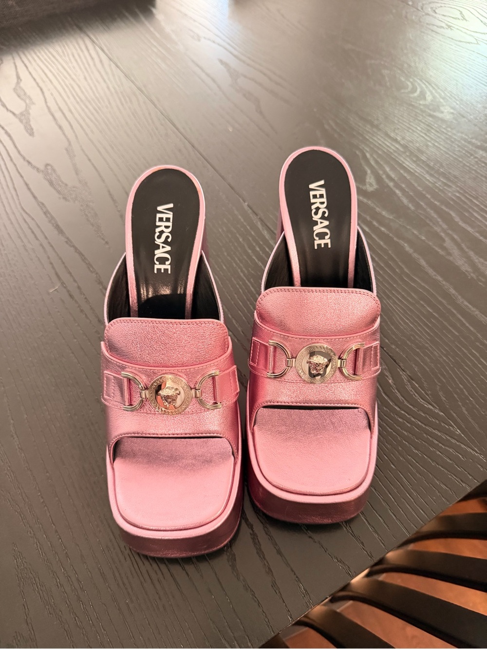Versace Metallic Pink Medusa-Embellished Slide Mules
